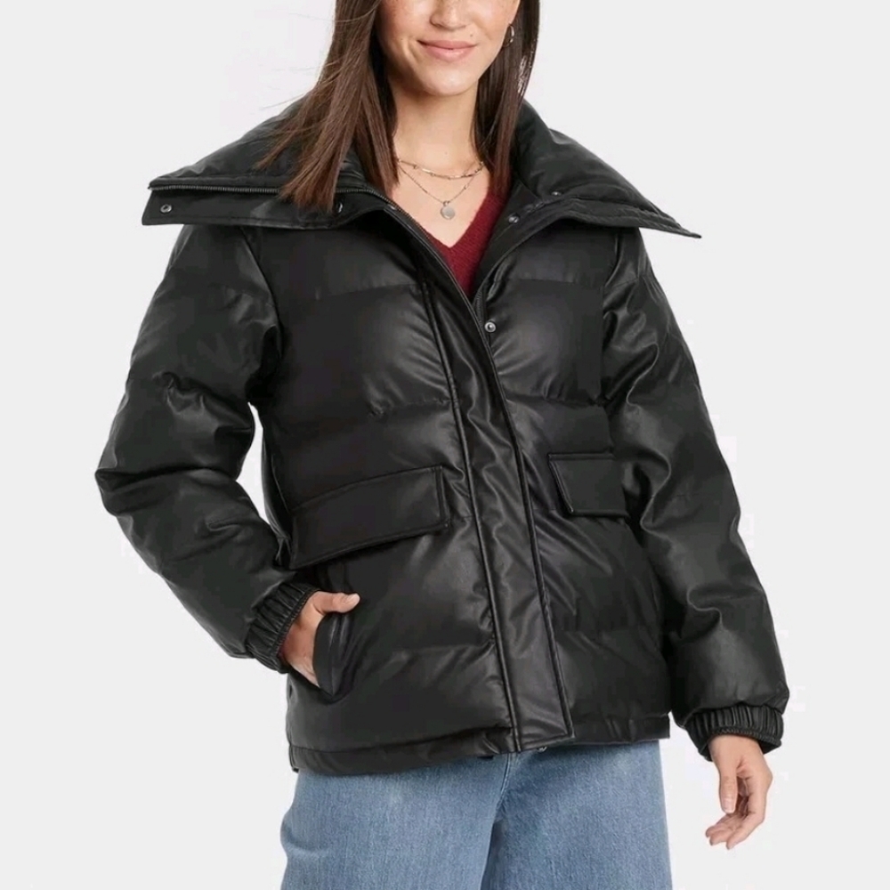 Puffer Jacket Faux Leather Universal Thread High Neck Winter Casual Size M